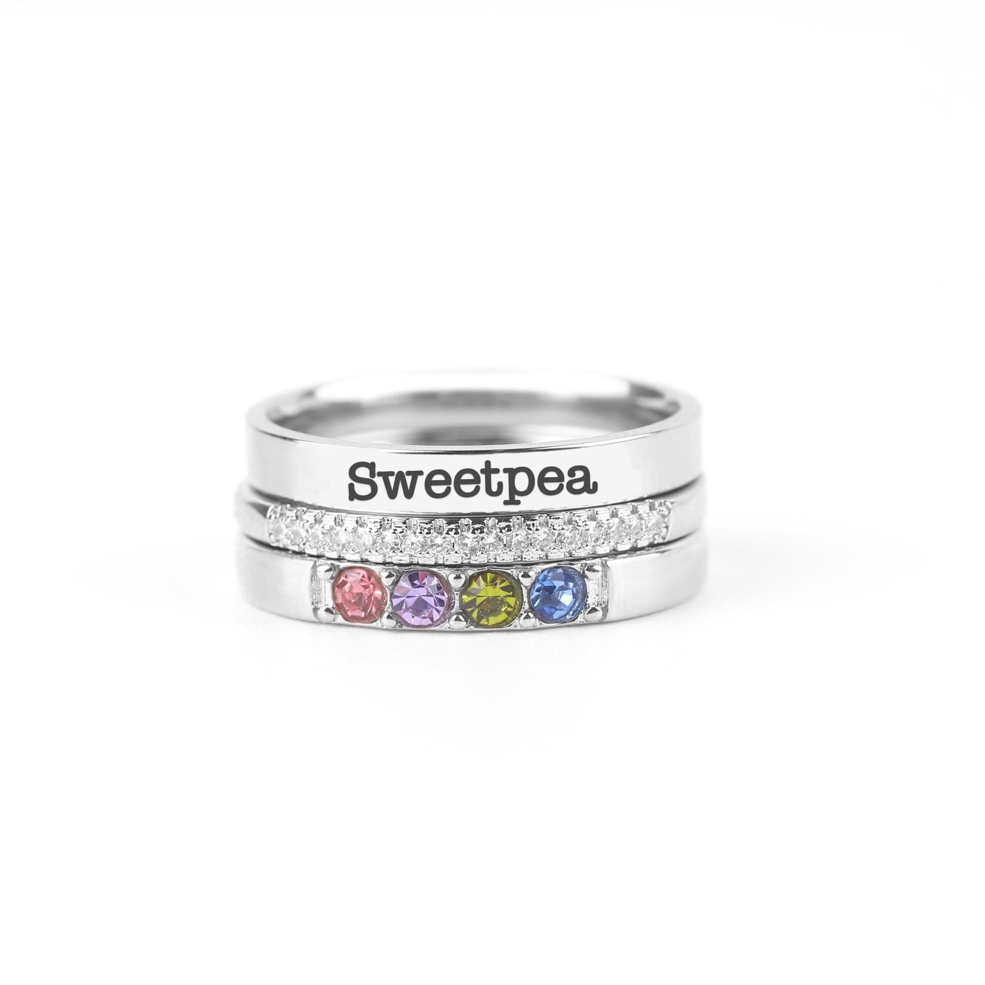 Anillos apilables personalizados con nombre y piedras de nacimiento