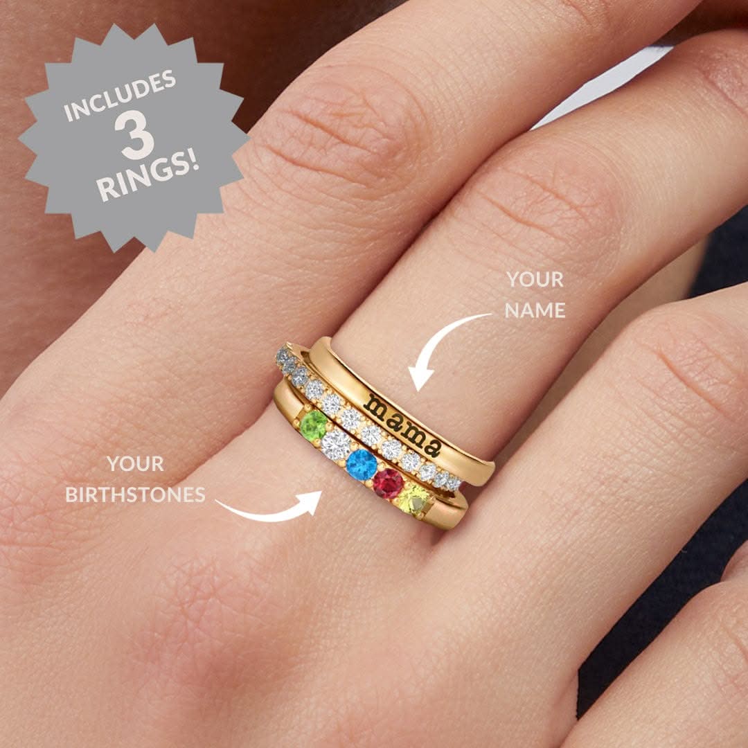 Anillos apilables personalizados con nombre y piedras de nacimiento