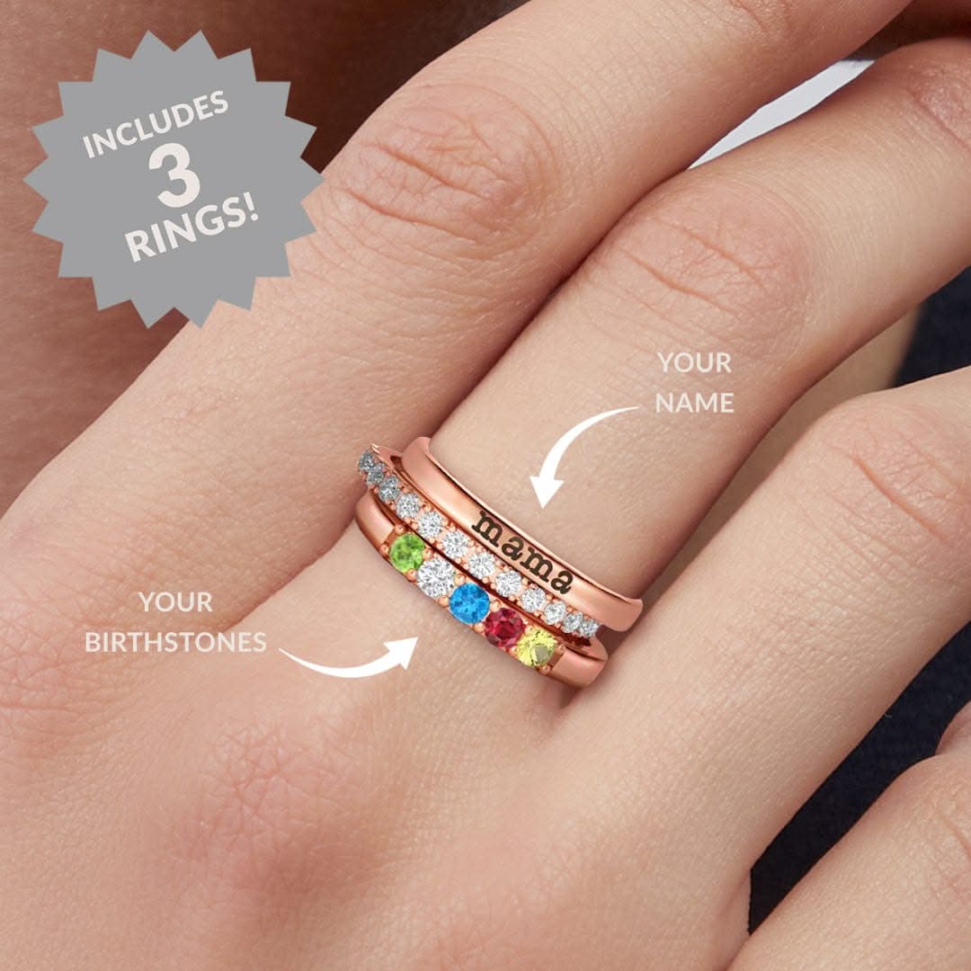 Anillos apilables personalizados con nombre y piedras de nacimiento