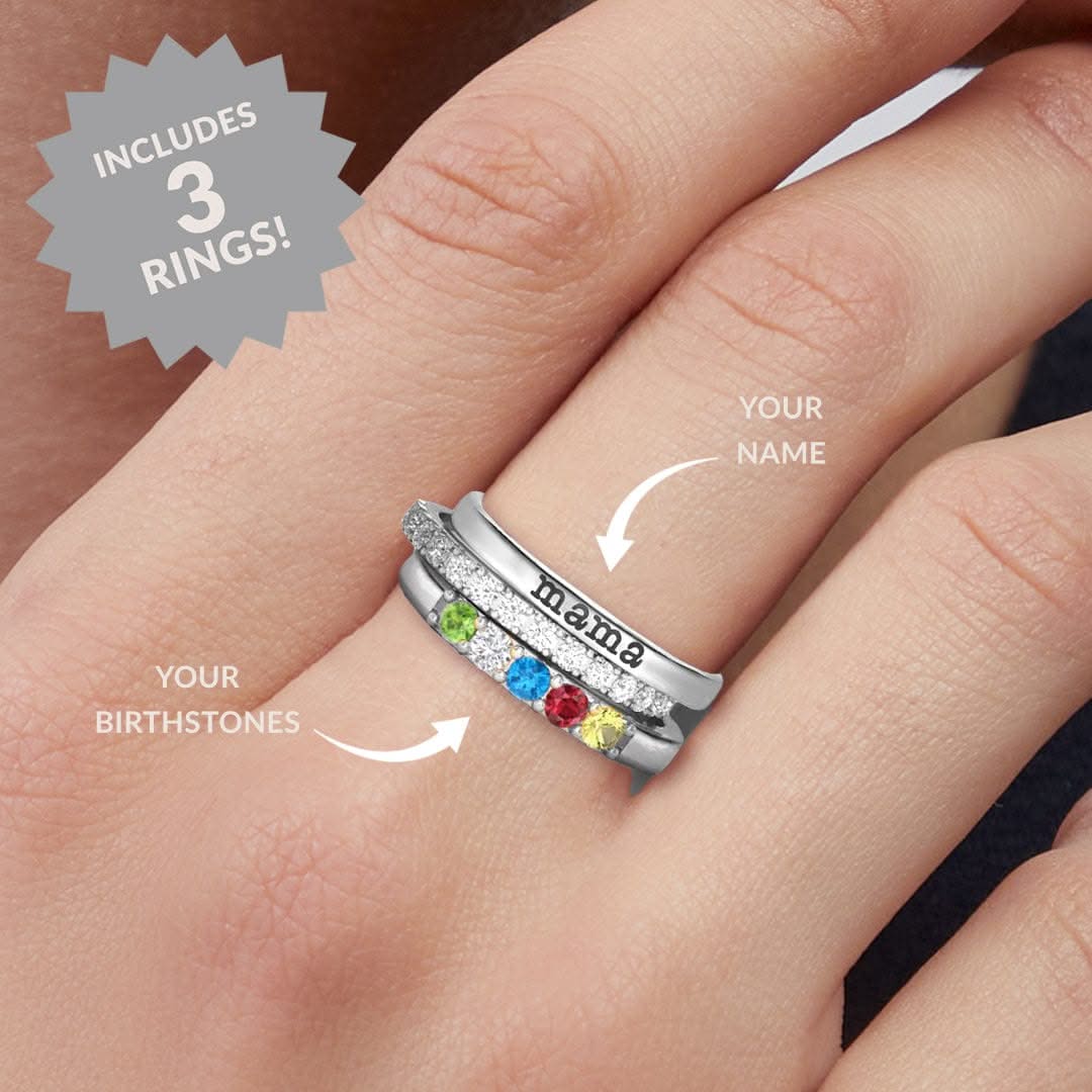 Anillos apilables personalizados con nombre y piedras de nacimiento