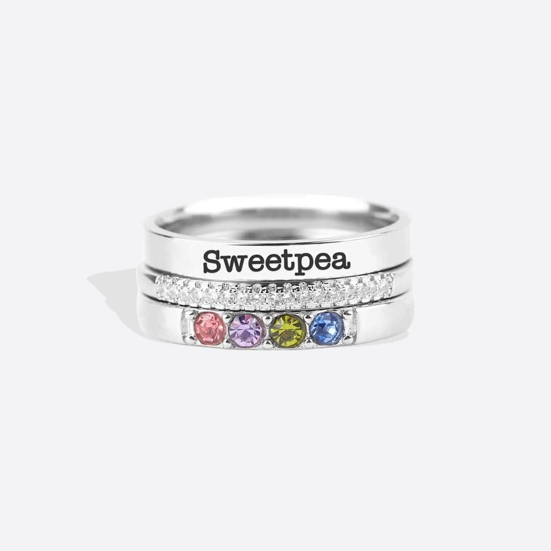 Anillos apilables personalizados con nombre y piedras de nacimiento
