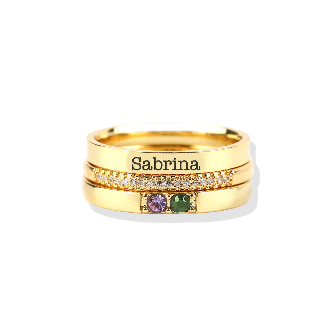 Anillos apilables personalizados con nombre y piedras de nacimiento