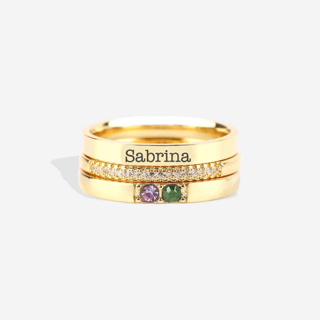 Anillos apilables personalizados con nombre y piedras de nacimiento