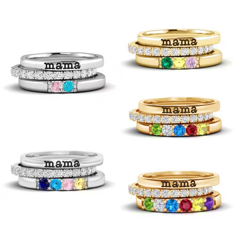 Anillos apilables personalizados con nombre y piedras de nacimiento