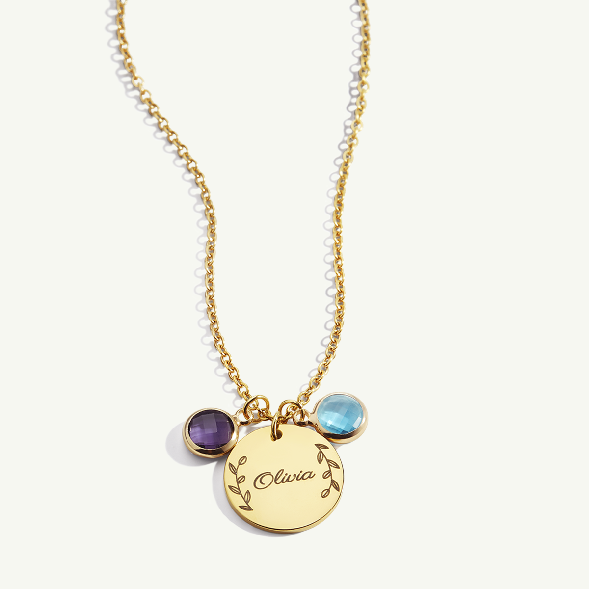 Engraved Birthstone Pendant Necklace with Leaves