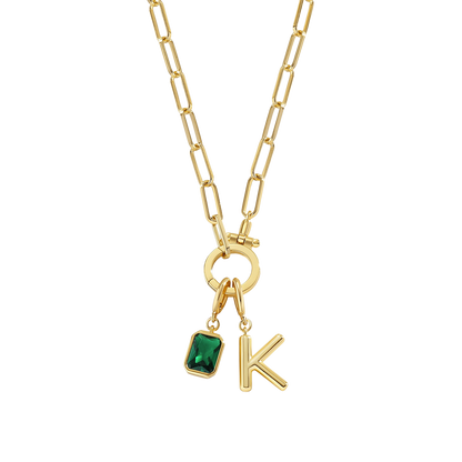 Mint Paperclip Necklace with Initial & Birthstone Charm