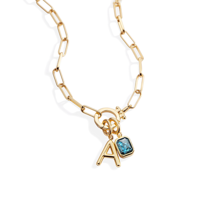 Mint Paperclip Necklace with Initial & Birthstone Charm
