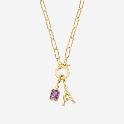 Mint Paperclip Necklace with Initial & Birthstone Charm