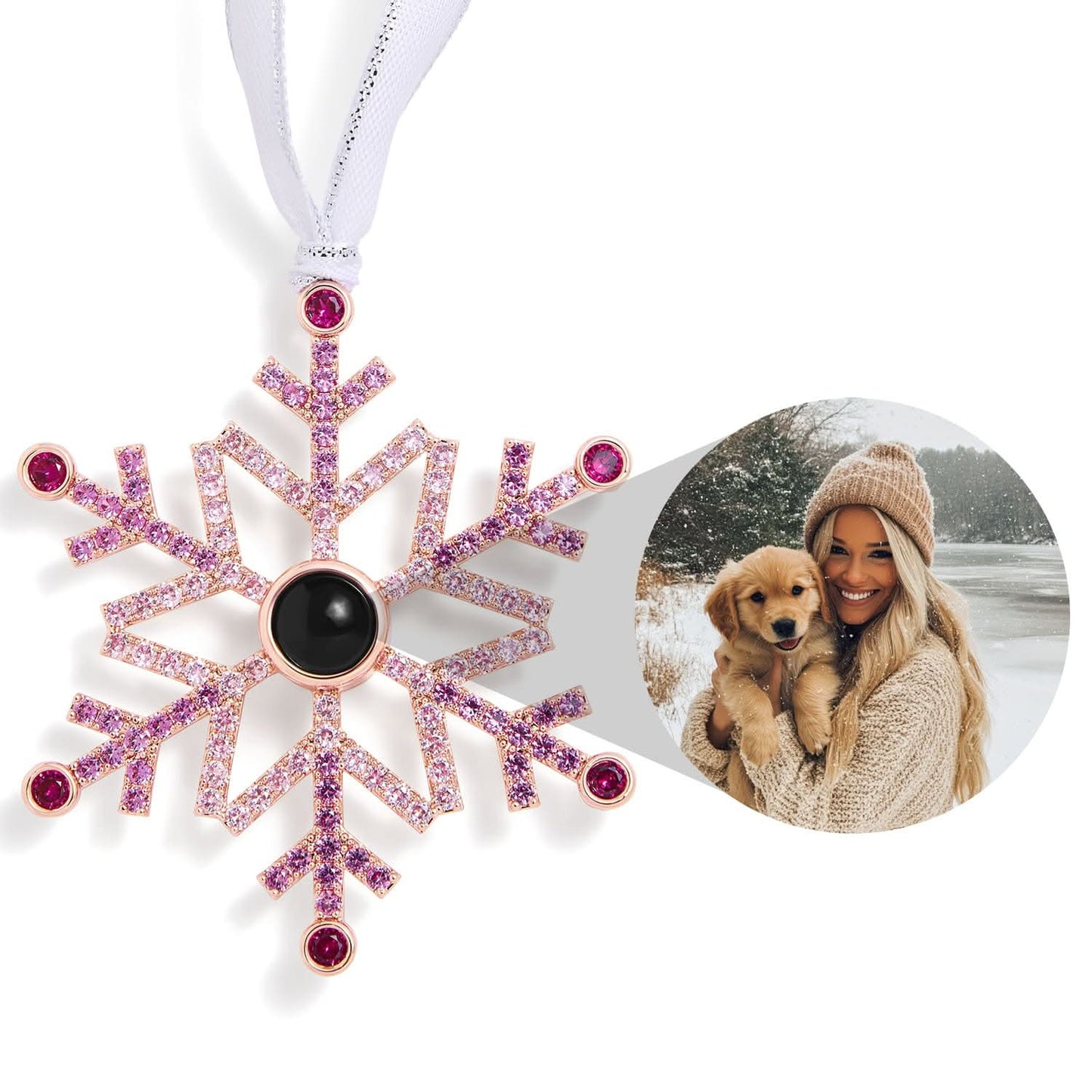 Adorno fotográfico personalizado, copo de nieve rosa degradado